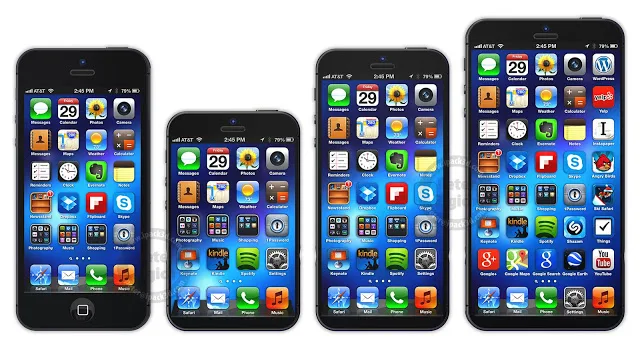 Size comparison from left to right iPhone 5, iPhone 6 Mini, iPhone 6, & iPhone 6 XL