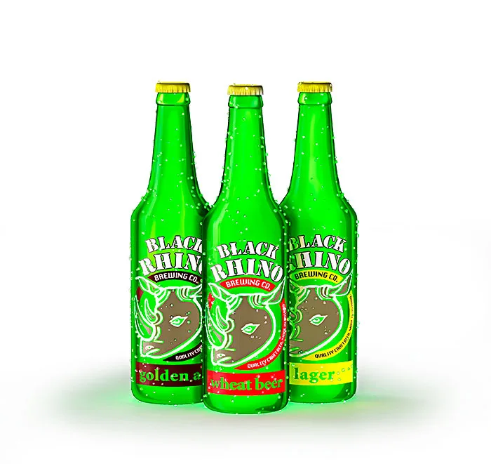 Black Rhino Brewing Company - 3d model realistic looking beer bottles. vibrant colour, water condensation, 20 sec. animation, Peter Zigich, designer, Toronto.