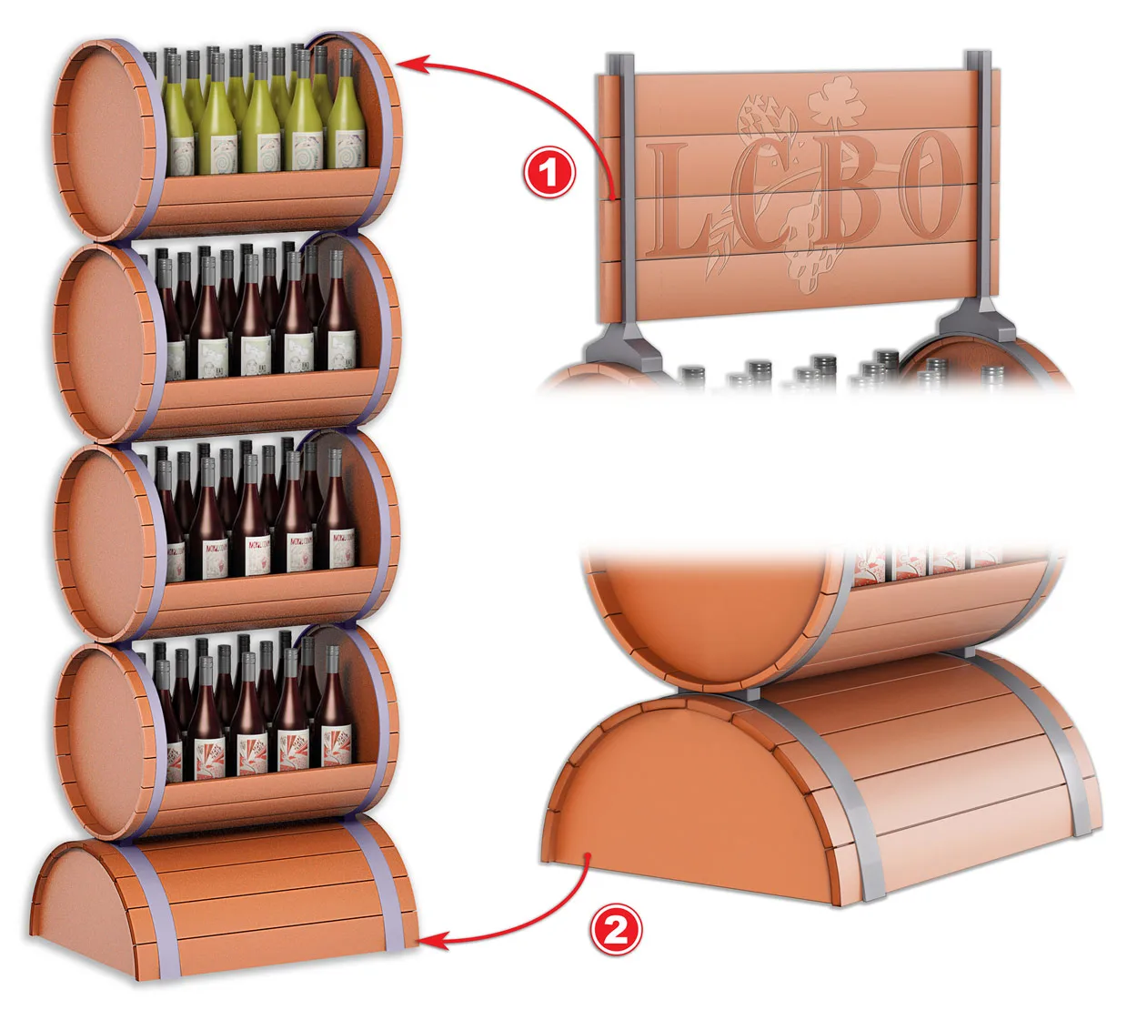 Wine oak barrel POP display 3D concepts - point-of-purchase creative and unique POP displays pitch new ideas and concepts to client. Peter Zigich, Toronto. 3d