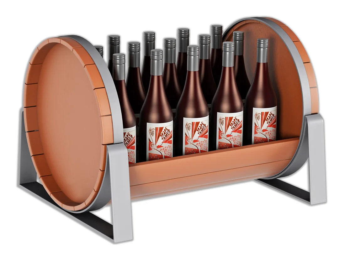 Wine oak barrel POP display 3D concepts - point-of-purchase creative and unique POP displays pitch new ideas and concepts to client. Peter Zigich, Toronto. 3d