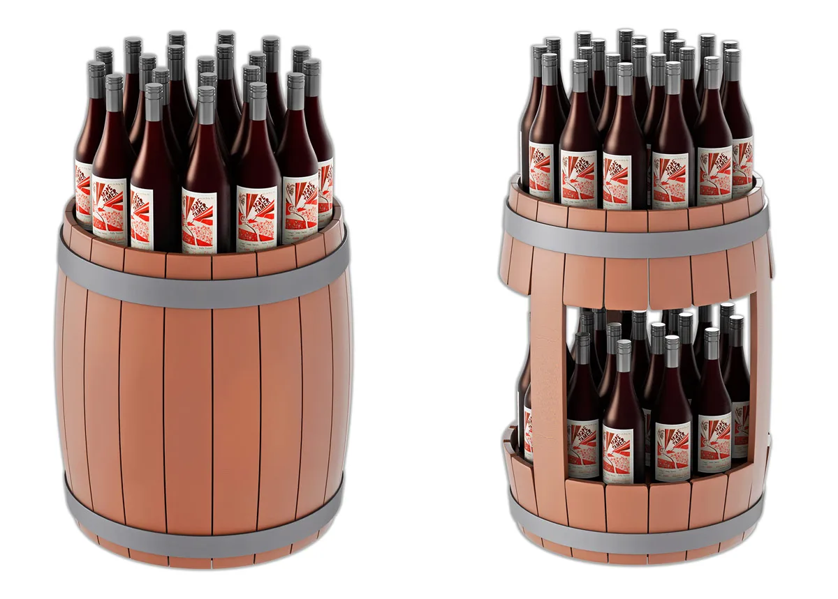 Wine oak barrel POP display 3D concepts - point-of-purchase creative and unique POP displays pitch new ideas and concepts to client. Peter Zigich, Toronto. 3d