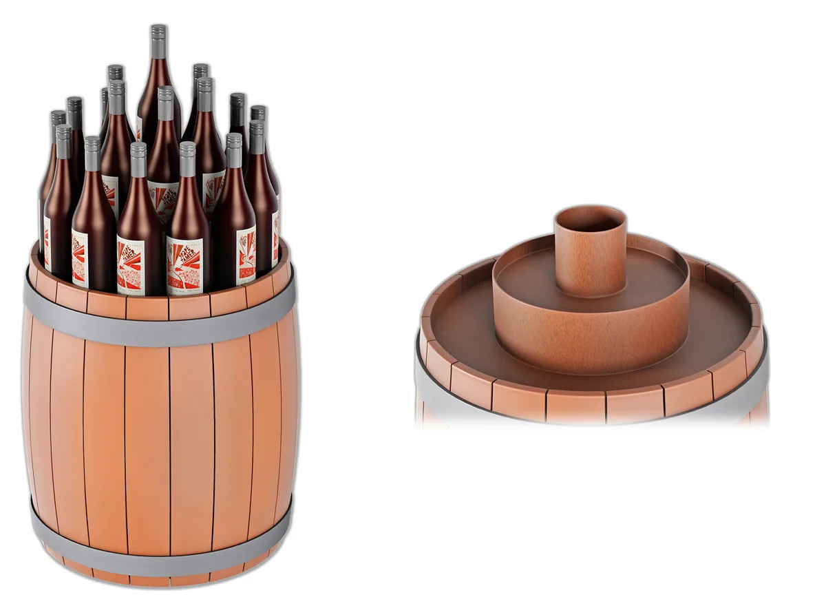 Wine oak barrel POP display 3D concepts - point-of-purchase creative and unique POP displays pitch new ideas and concepts to client. Peter Zigich, Toronto. 3d